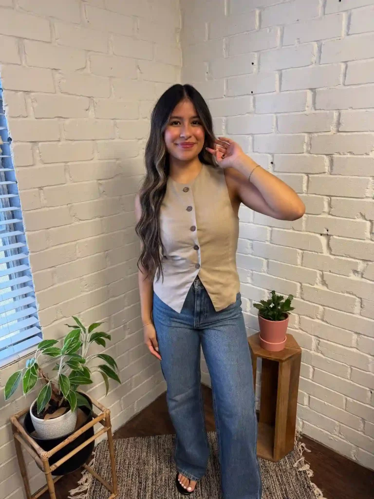 Sleeveless Neutral Top with Straight Leg Jeans Office Outfit