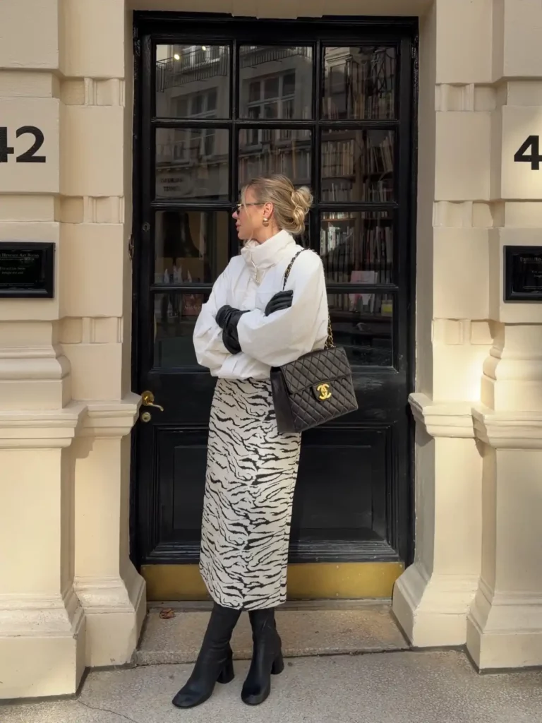 White Blouse with Zebra Print Midi Skirt Office Outfit