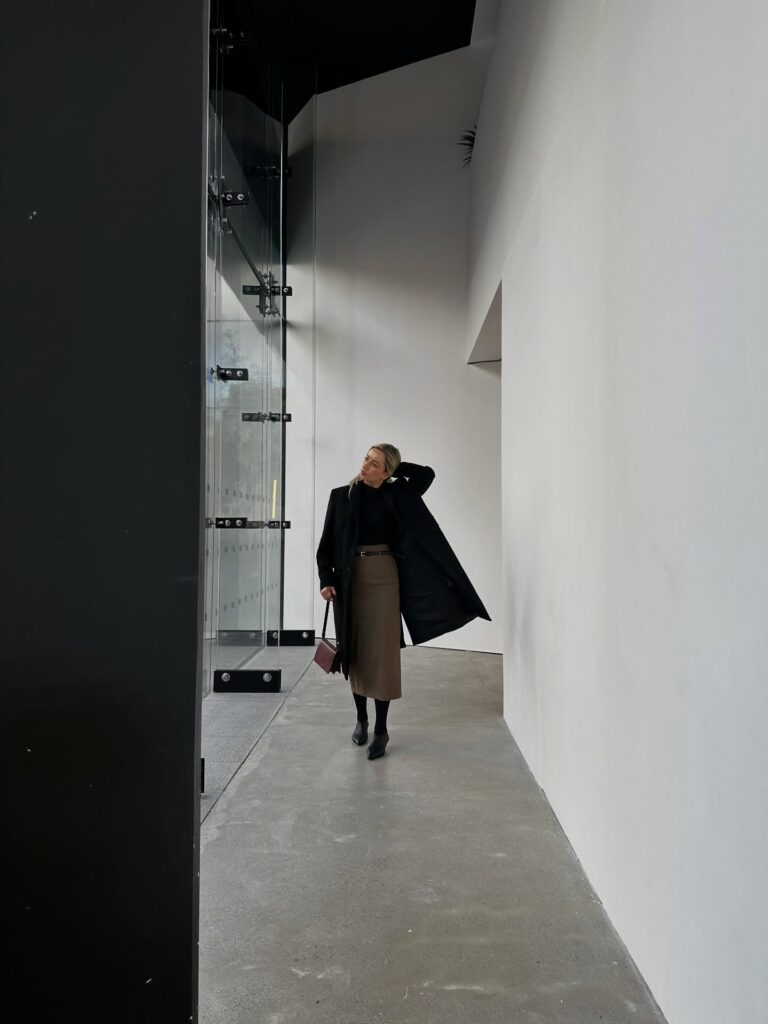 Brown Pencil Skirt with Black Coat Office Outfit