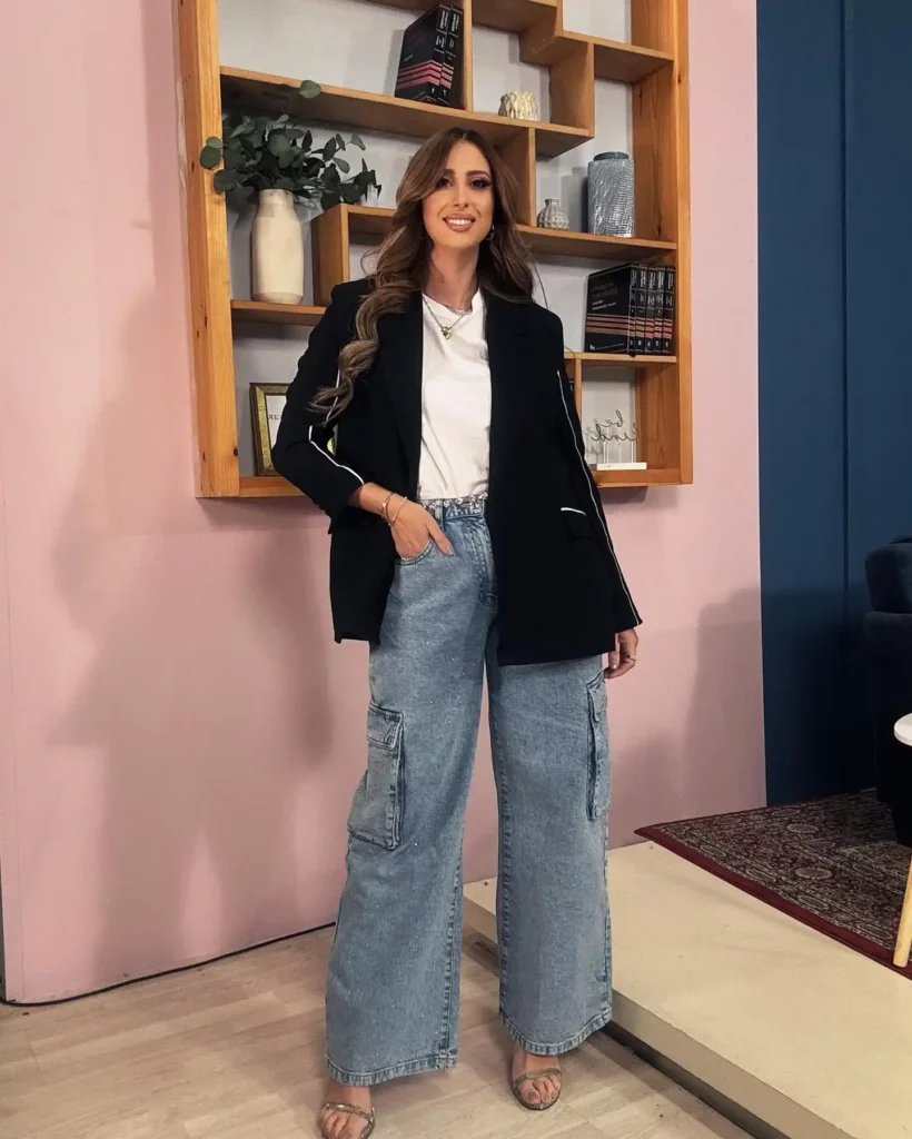 Black Blazer with Light Cargo Jeans Office Outfit