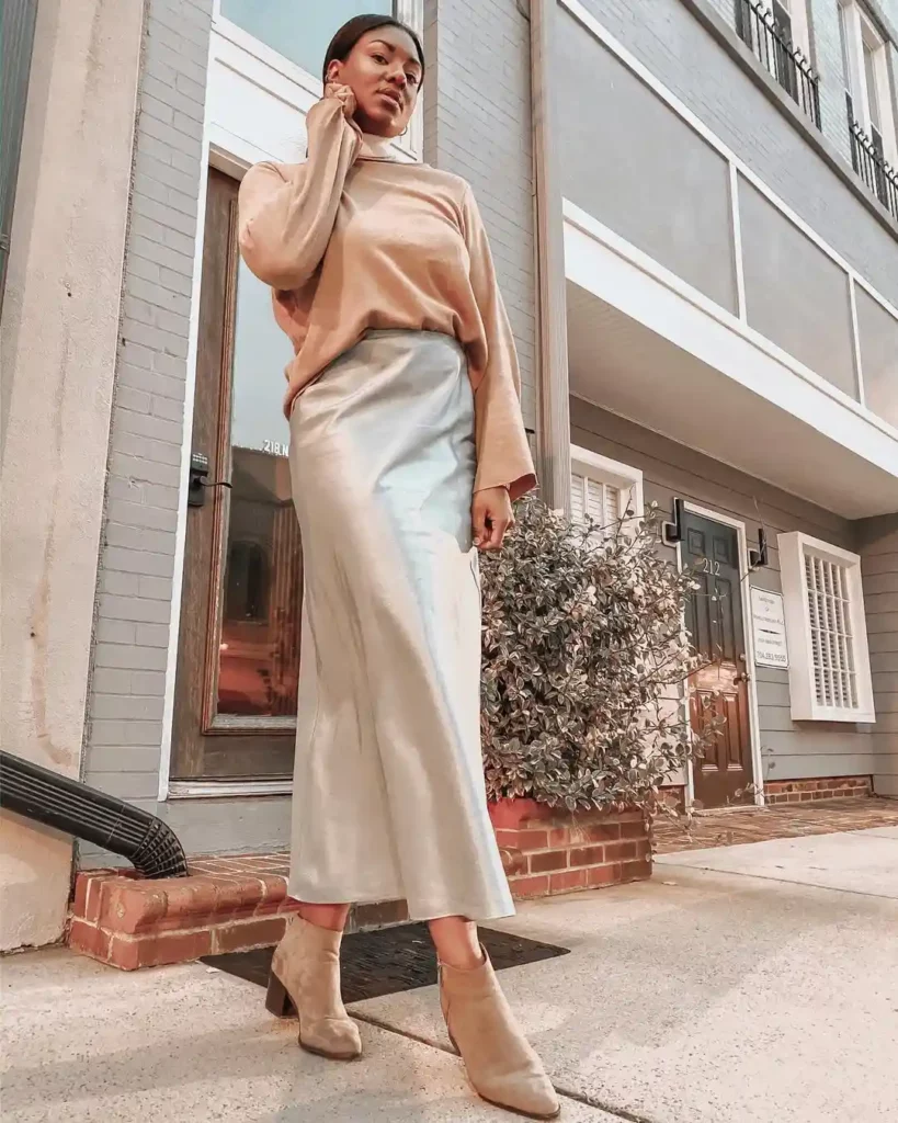 Turtleneck Top with Satin Silk Skirt Office Outfit
