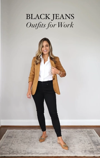 Blazer with White Shirt and Black Jeans Office Outfit