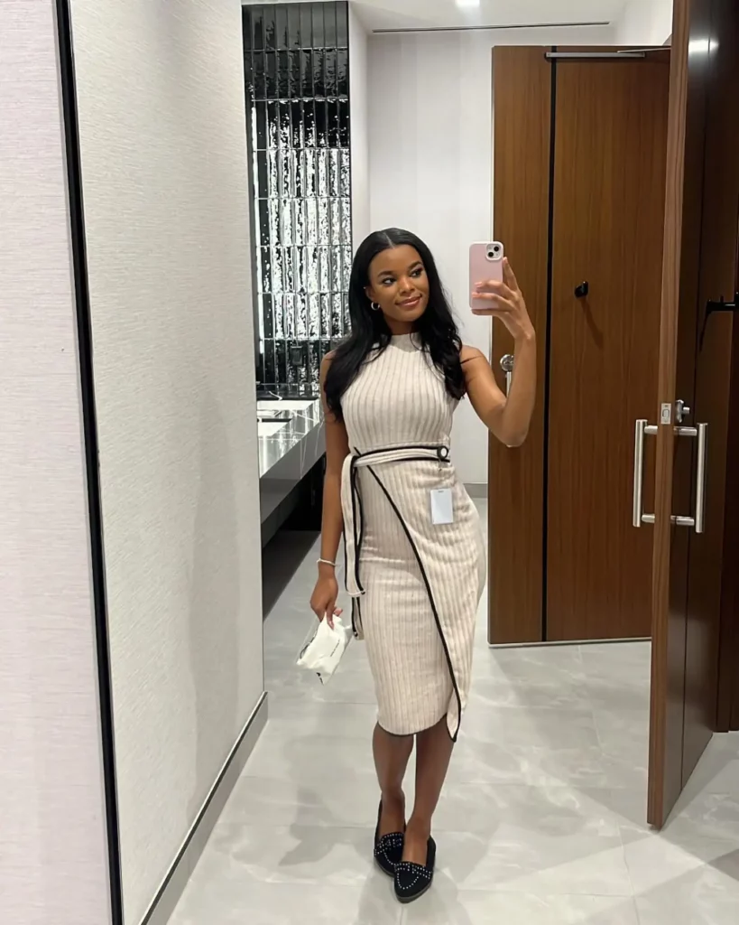 Ribbed Beige Dress with Belt Detail Office Outfit