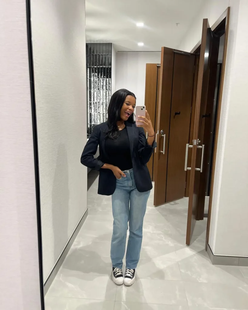 Black Blazer with Light Wash Jeans Office Outfit