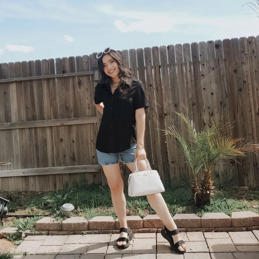 Black Button Shirt with Denim Shorts Summer Office Outfit