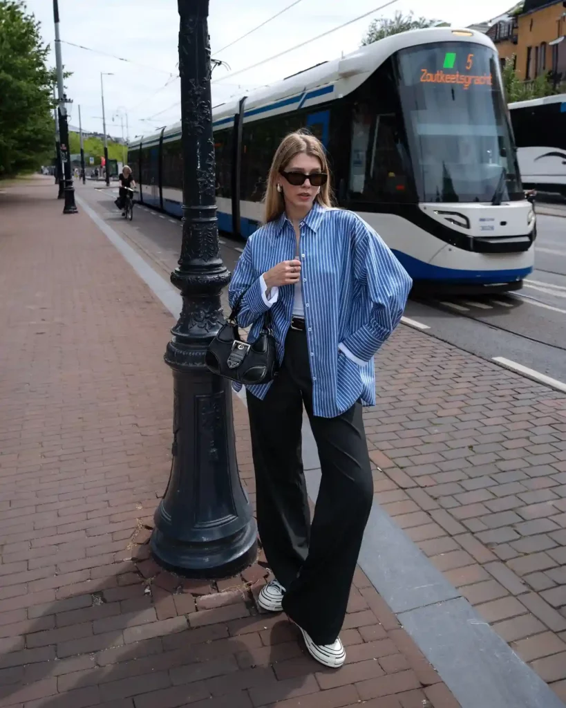 Oversized Striped Shirt with Black Wide-Leg Pants Office Outfit