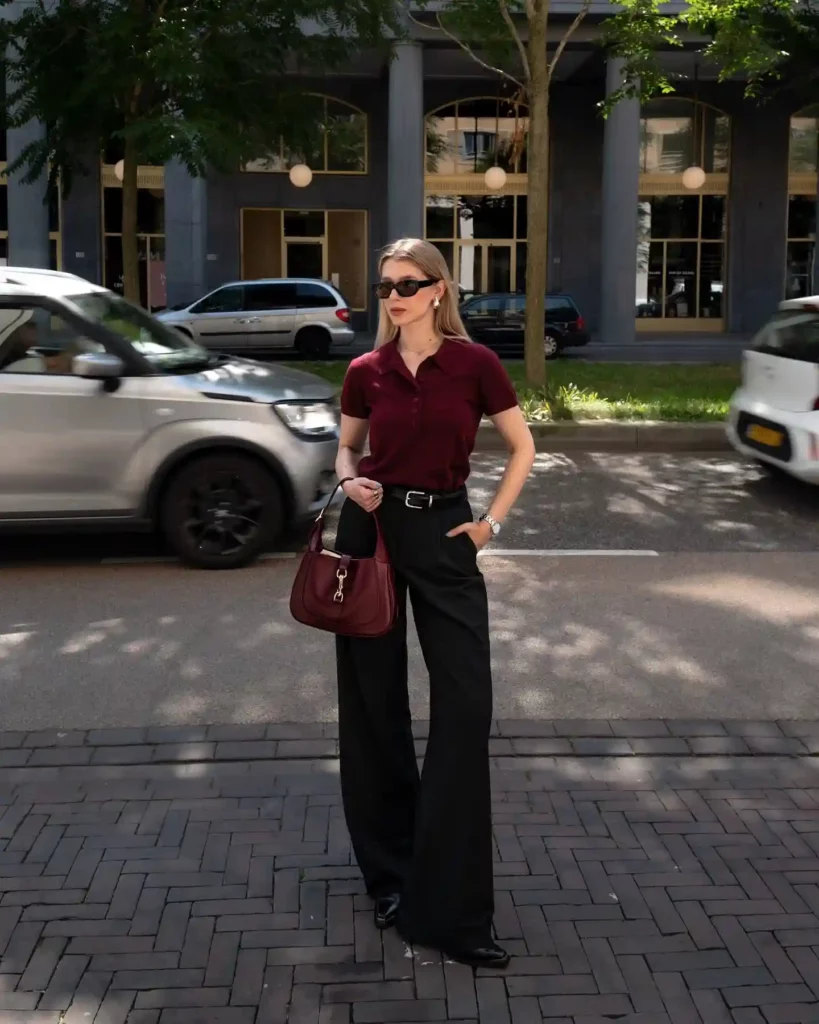 Burgundy Polo Top with Black Wide-Leg Pants Office Outfit