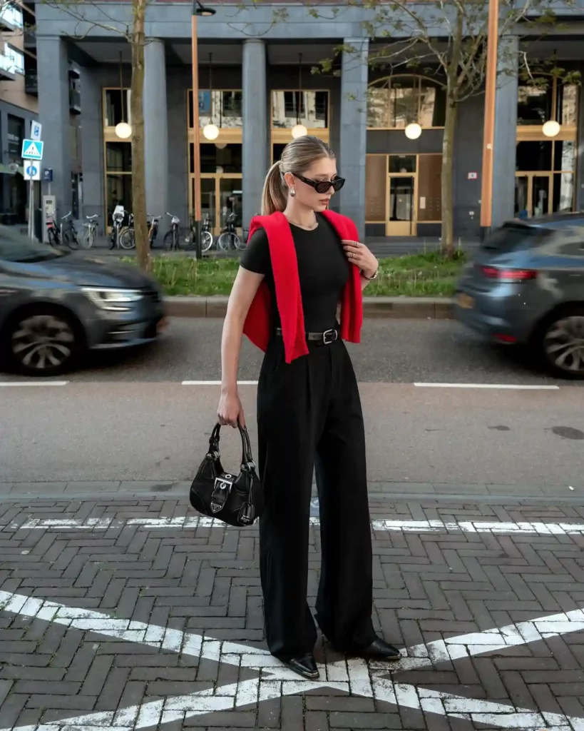 Soft Knit Top with Black Wide-Leg Pants Office Outfit