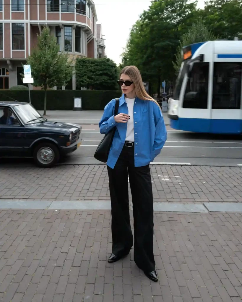 Blue Button-Down Shirt with Black Wide-Leg Pants Office Outfit
