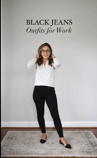 White Knit Top with Black Jeans Office Outfit