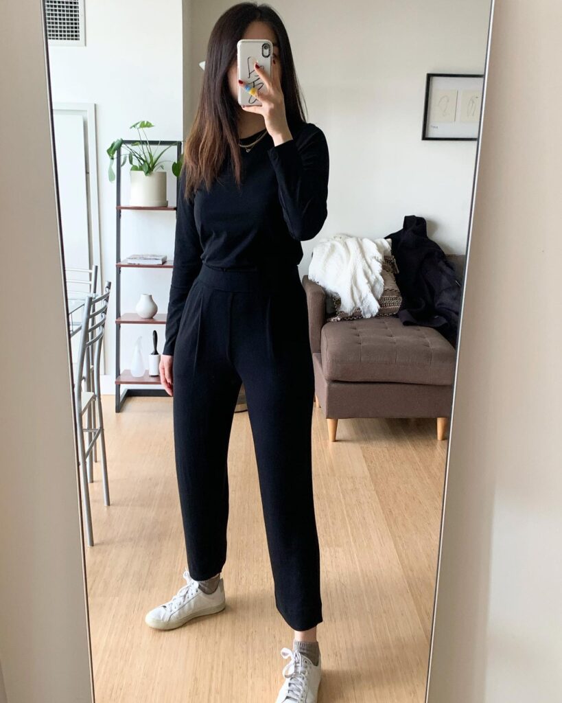 Minimal Black Top with Straight-Leg Pants Office Outfit