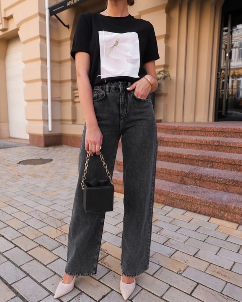 Graphic Tee with Dark Wide-Leg Jeans Office Outfit