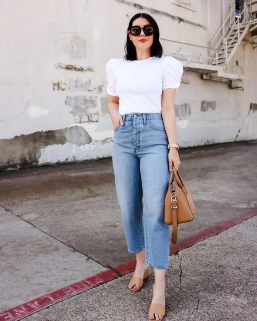 Puff Sleeve Top with Straight Jeans Summer Office Outfit