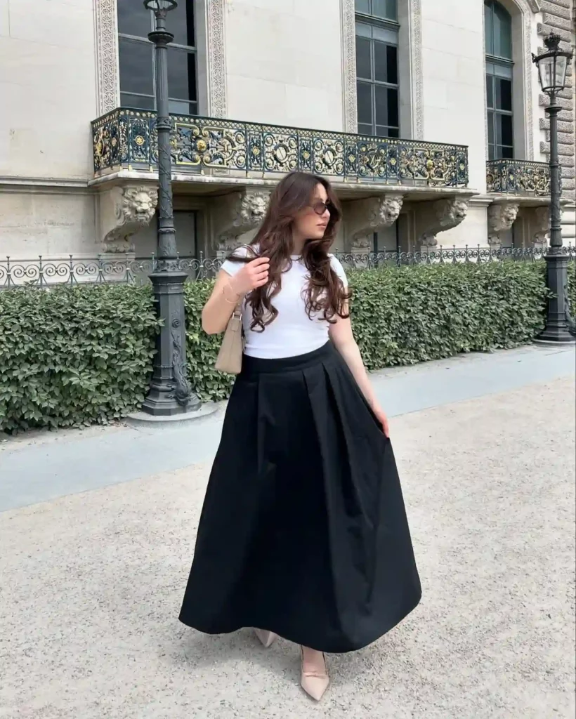 Classic White Top with Black Maxi Skirt Office Outfit