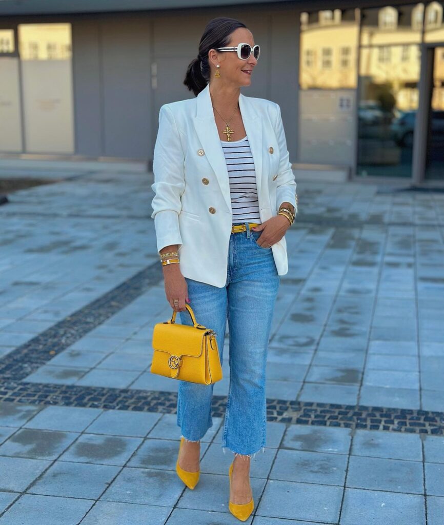 White Blazer with Cropped Jeans Summer Office Outfit