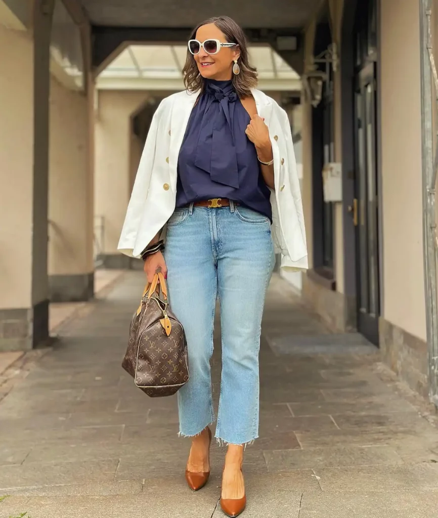 White Blazer with Tie-Neck Blouse and Jeans Office Outfit