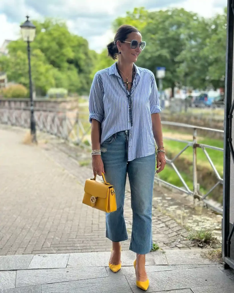 Striped Shirt with Cropped Jeans Summer Office Outfit