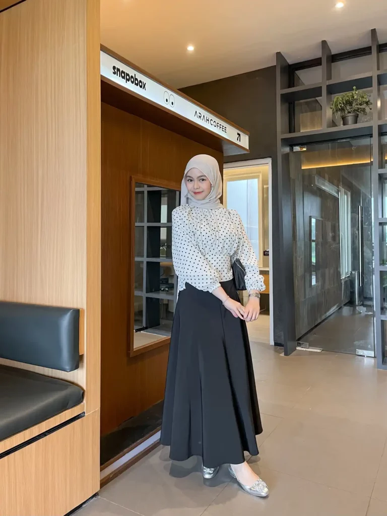 Polka Dot Blouse with Black Maxi Skirt Office Outfit