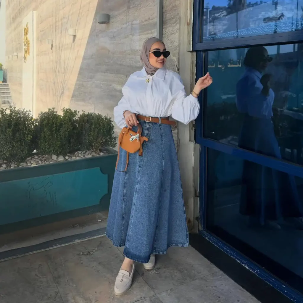 White Shirt with Denim Maxi Skirt Office Outfit
