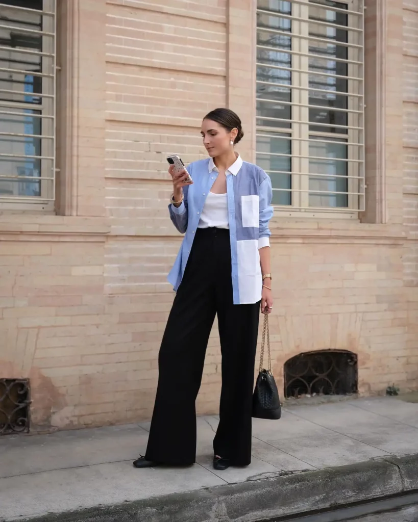 Lightweight Shirt Layer with Black Wide-Leg Pants Office Outfit