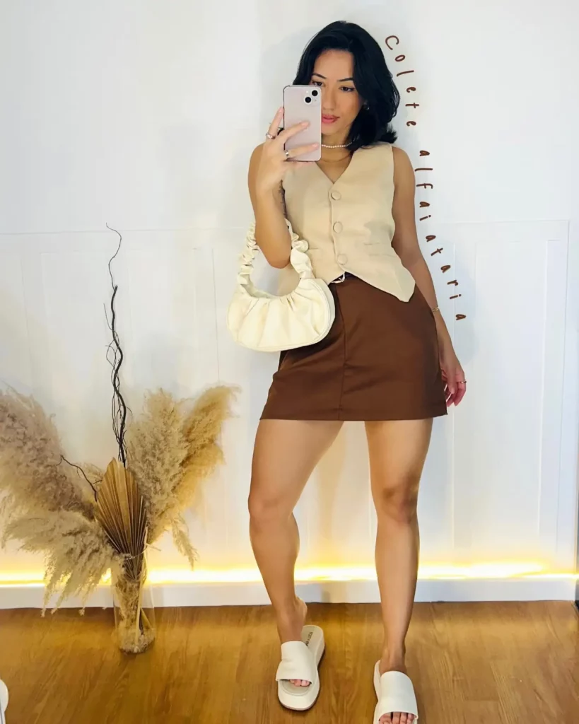 Beige Vest with Tailored Brown Shorts Office Outfit