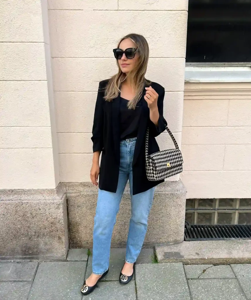Black Blazer with Light Wash Jeans Office Outfit