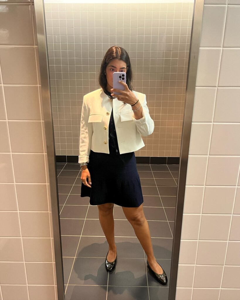 White Cropped Jacket with Black Dress Office Outfit