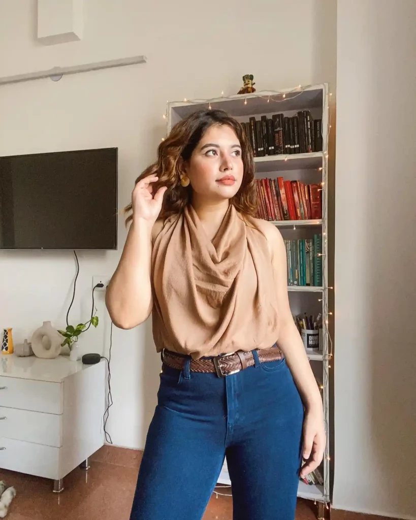 Draped Sleeveless Top with Dark Jeans Office Outfit