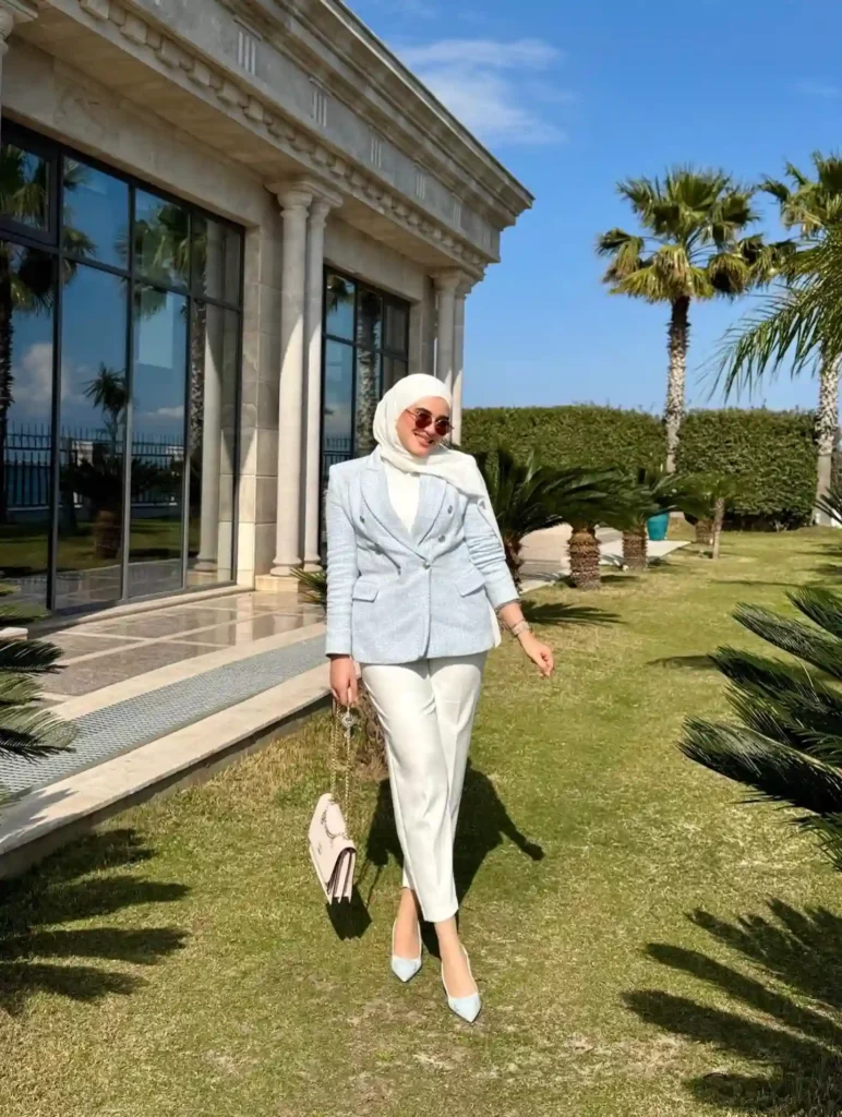 Light Blue Blazer with White Pants Office Outfit