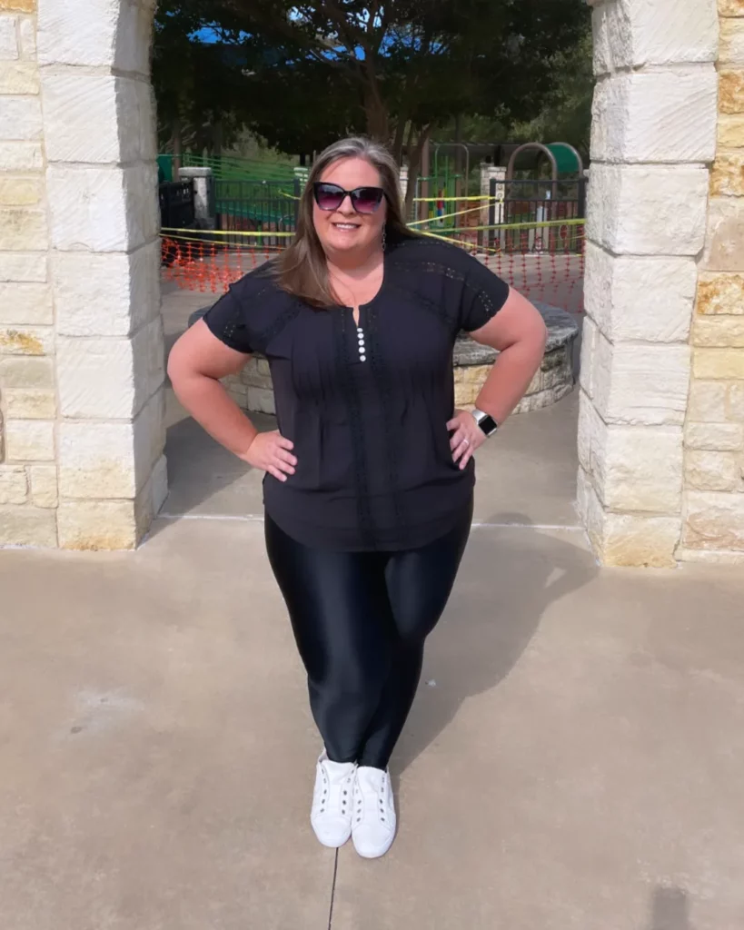 Black Blouse with Leather-Look Leggings Office Outfit