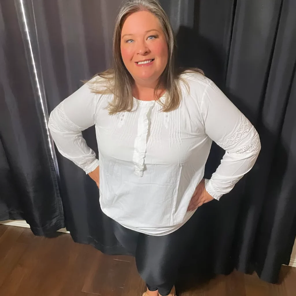 White Blouse with Black Leggings Office Outfit