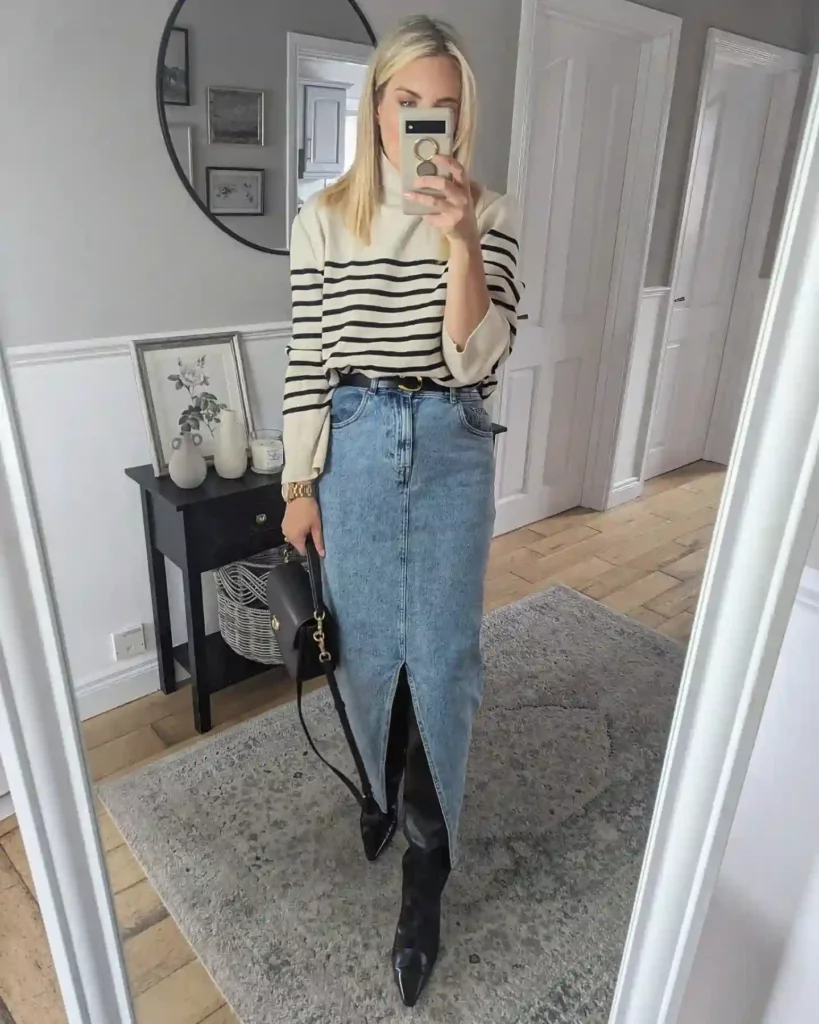 Striped Top with Denim Maxi Skirt Office Outfit