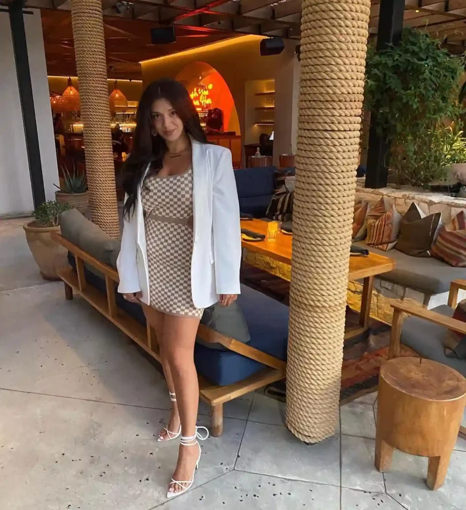 Checkered Mini Dress with White Blazer Summer Office Outfit