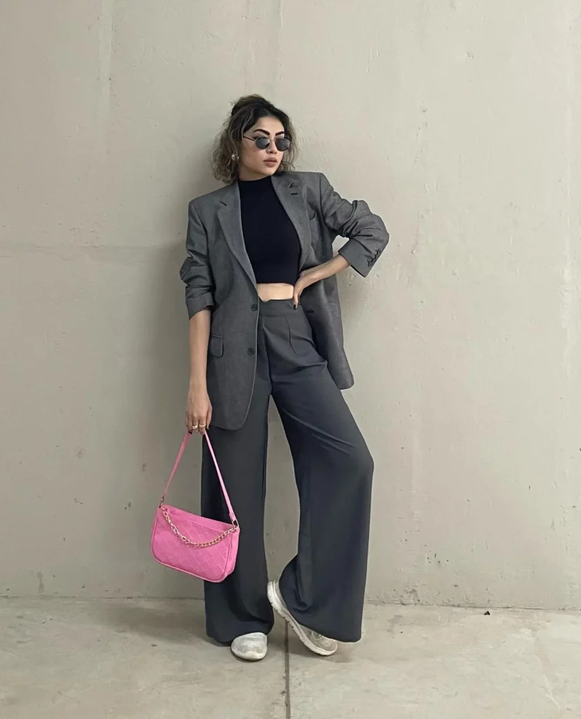 Grey Blazer with Wide-Leg Trousers Summer Work Outfit