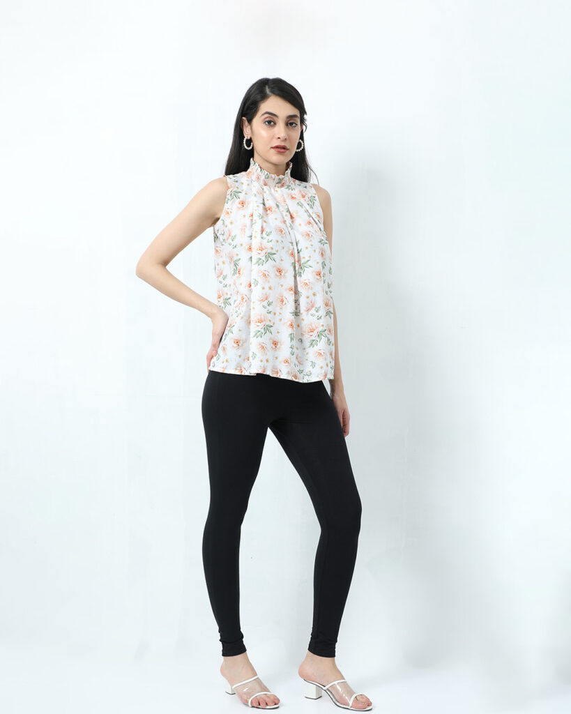 Floral Sleeveless Top with Black Leggings Office Outfit
