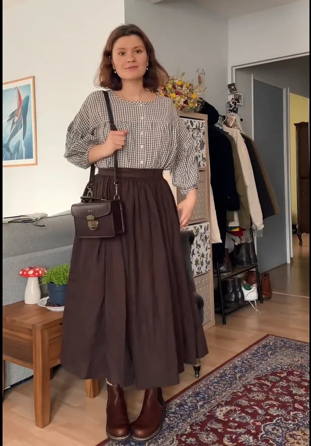 Gingham Blouse with Brown Midi Skirt Old Money Outfit
