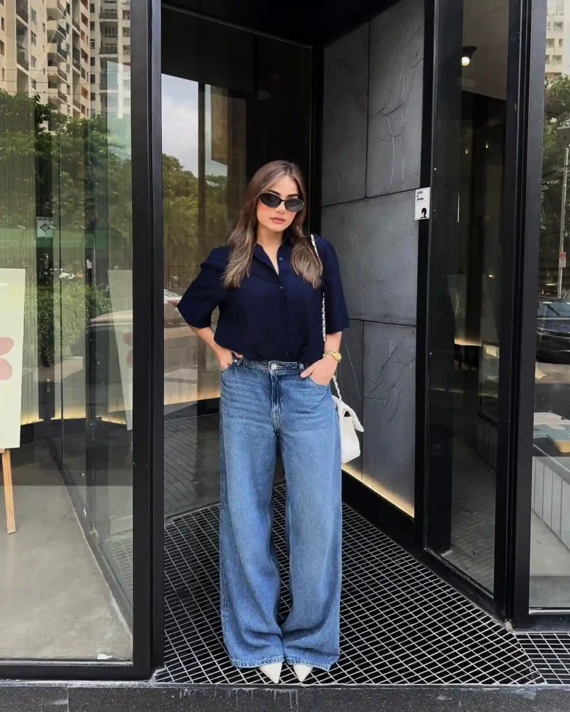 Navy Shirt with Baggy Jeans Old Money Outfit