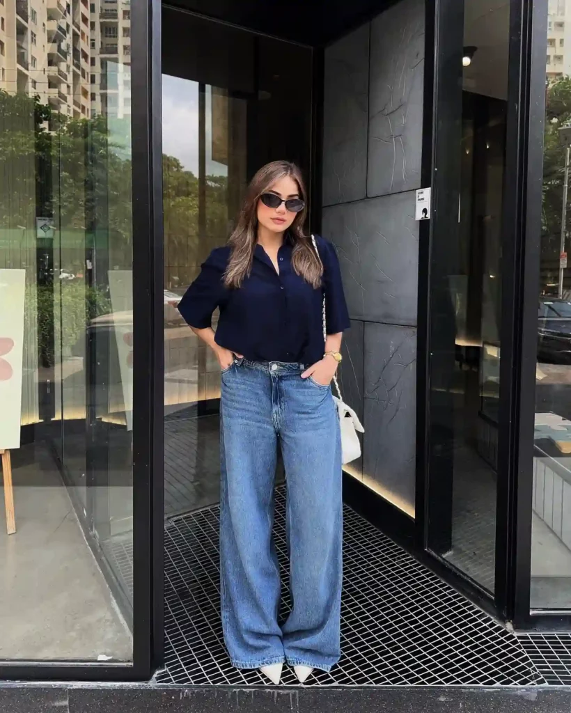 Navy Shirt with Wide-Leg Jeans Old Money Outfit
