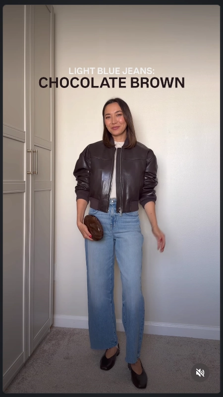 Brown Leather Jacket with Light Blue Jeans Office Outfit