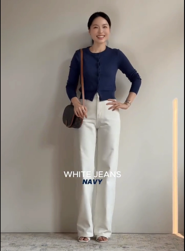 Navy Cardigan with White Jeans Office Outfit