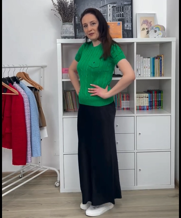Green Knit Top with Black Maxi Skirt Old Money Summer Outfit