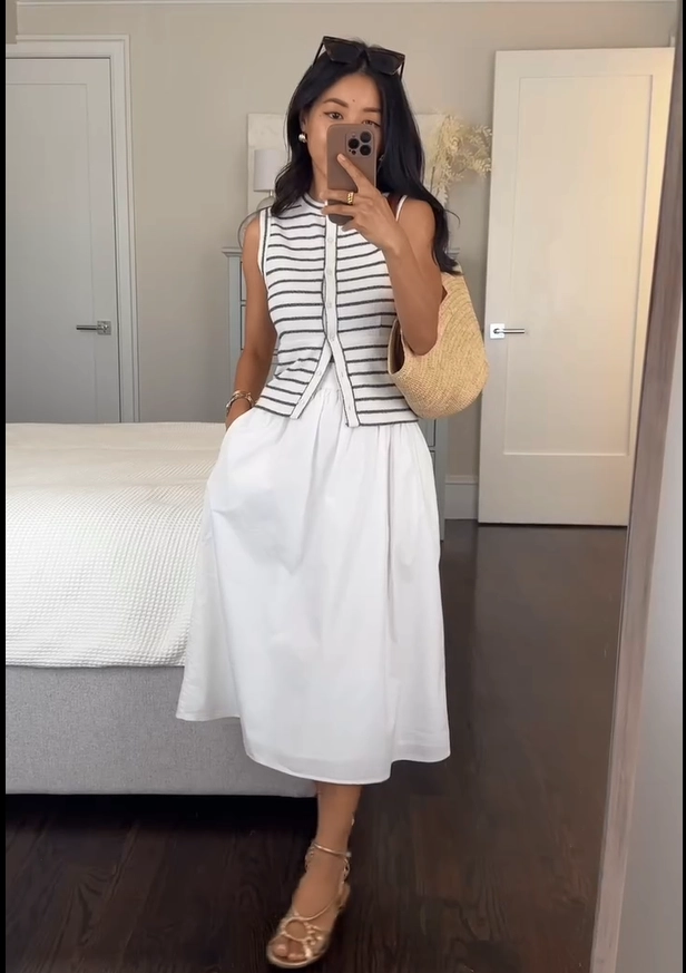 Striped Knit Vest with White Midi Skirt Old Money Outfit