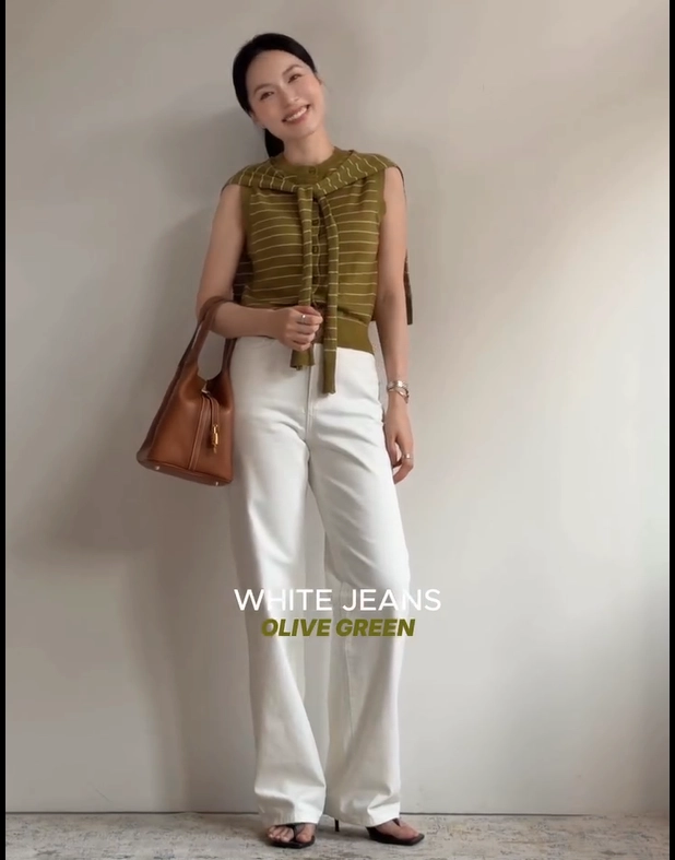 Olive Green Top with White Jeans Office Outfit