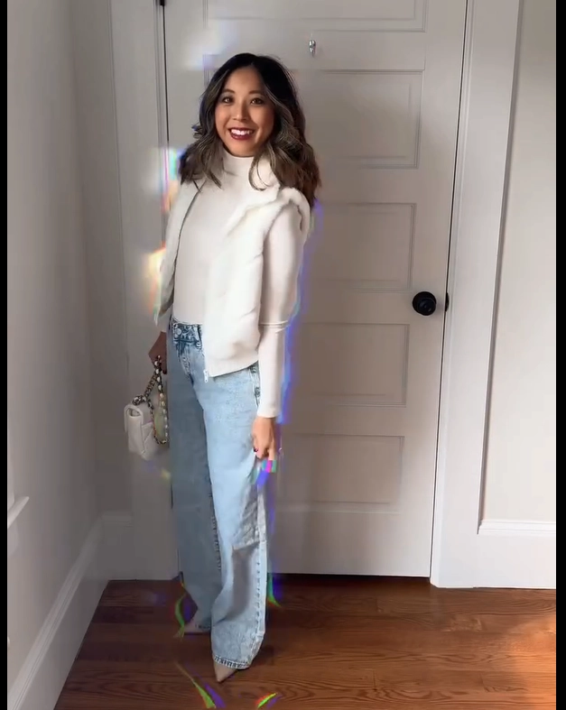 White Knit Top with Light Blue Wide-Leg Jeans Office Outfit