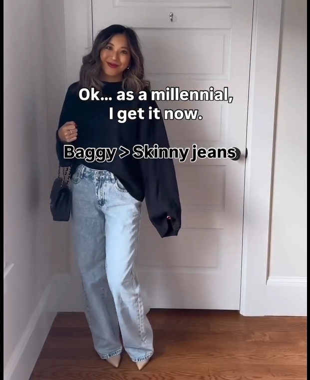 Black Sweater with Light Blue Baggy Jeans Office Outfit