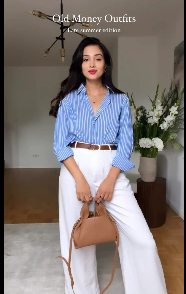 Blue Striped Shirt with White Wide-Leg Jeans Old Money Outfit