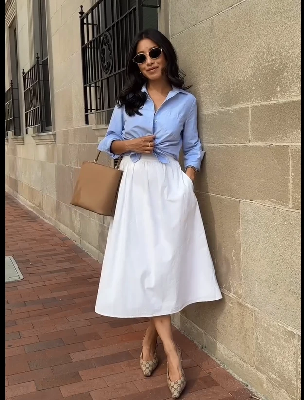 Light Blue Shirt with White Midi Skirt Old Money Outfit