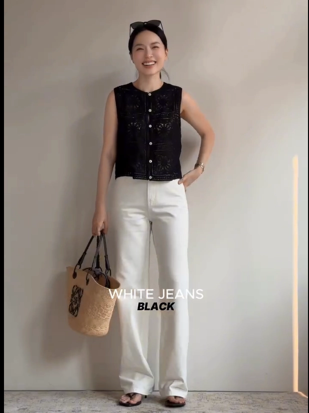 Black Sleeveless Top with White Jeans Office Outfit
