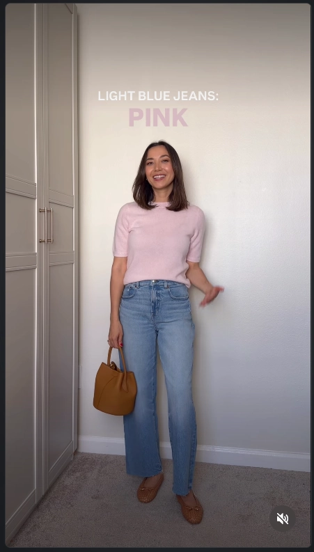 Pink Knit Top with Light Blue Straight Jeans Office Outfit