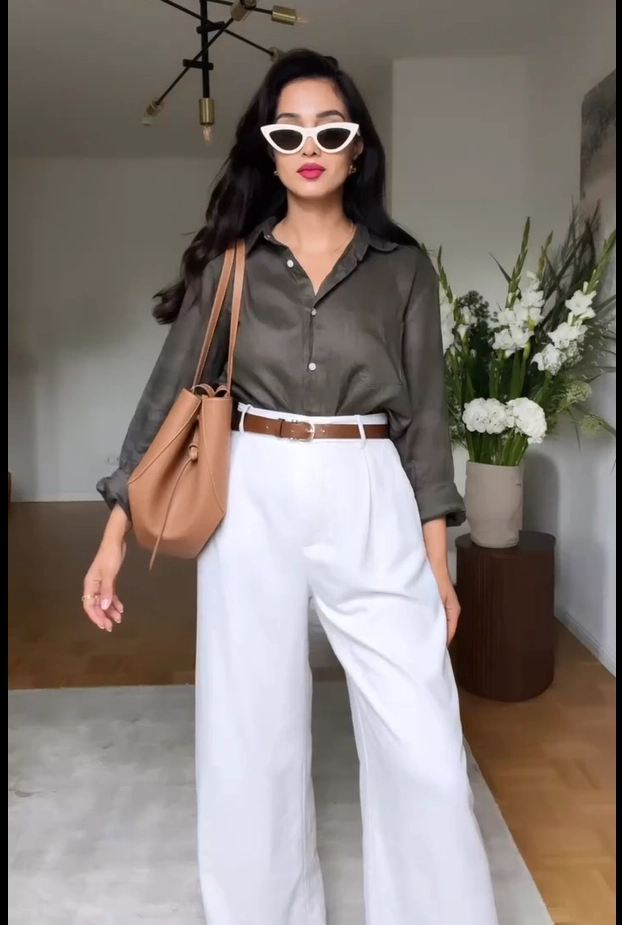 Olive Shirt with White Wide-Leg Jeans Old Money Outfit